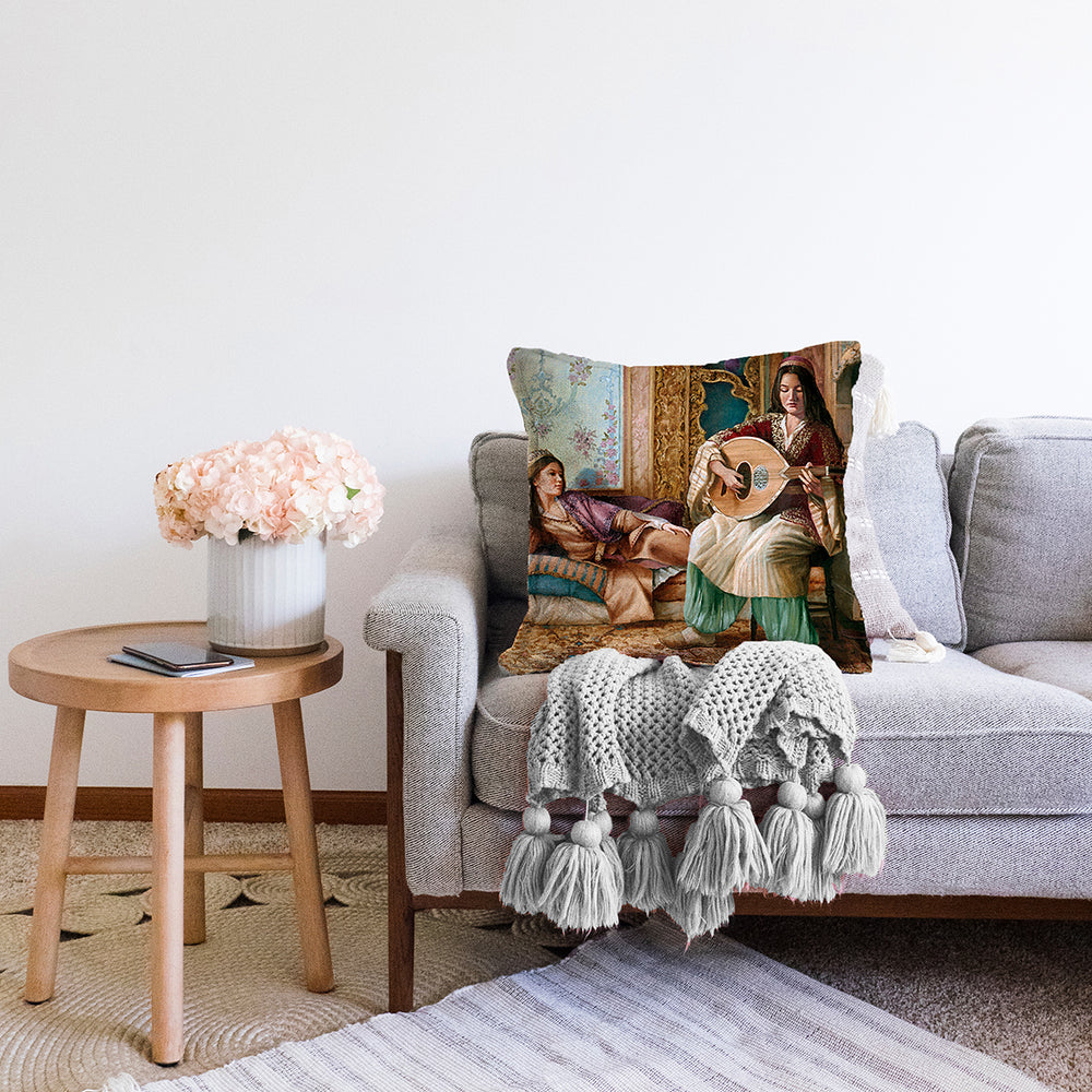 Sala oud-themed decorative cushion for ethnic music enthusiasts